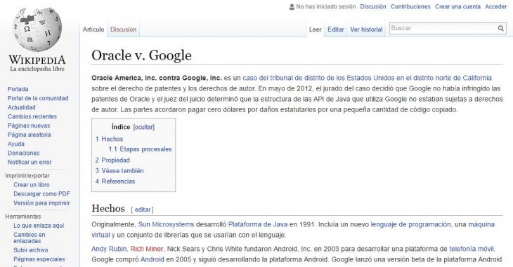 Página sv Wikipedia con el caso Google vs Oracle