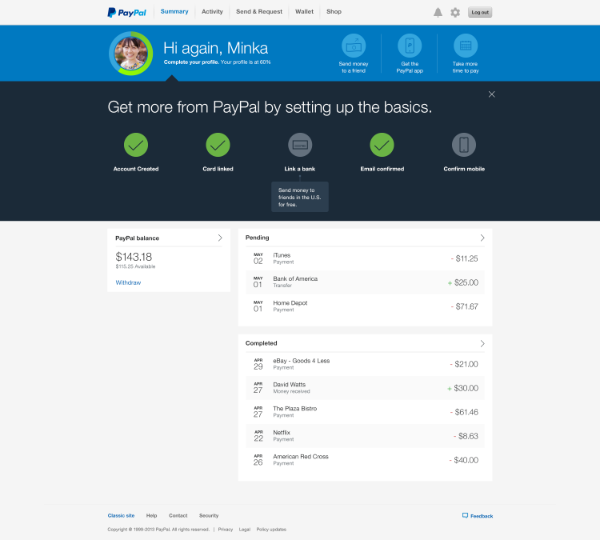 PayPal introducerar ny layout för konsumentkontosidan