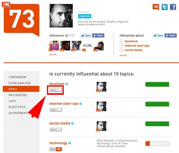 Klout adds a button to the profiles to define their specialties