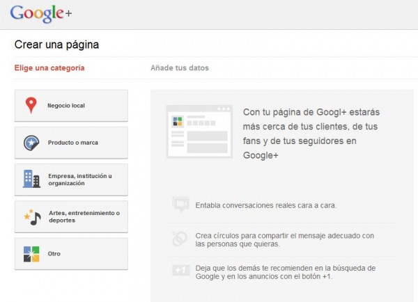 Available the url to create pages in Google Plus