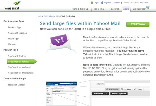 YouSendIt will allow you to integrate into Yahoo Mail to attach large files with your application